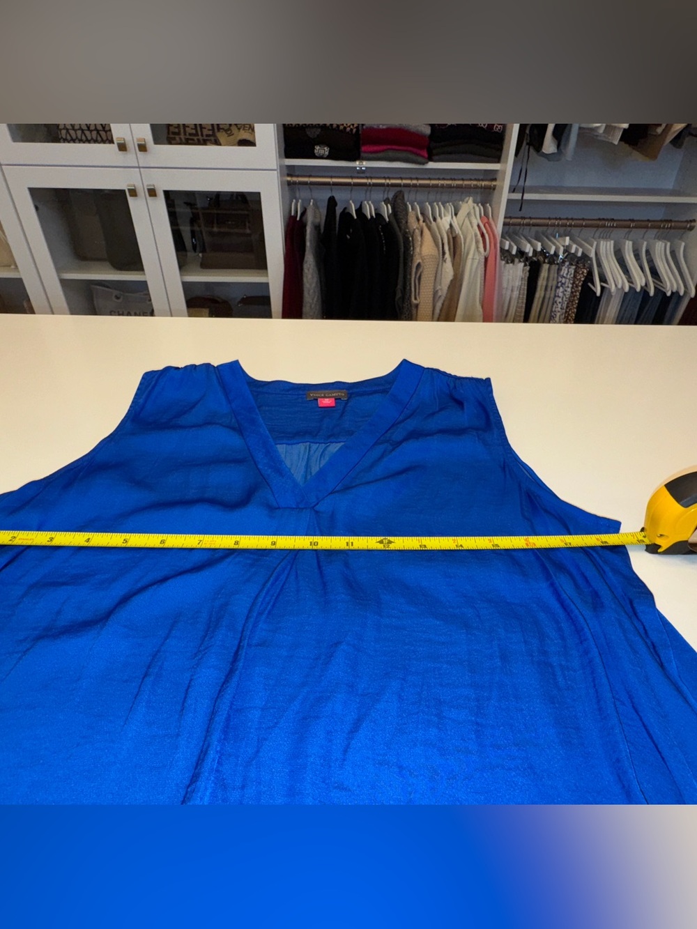 Vince Camuto Sleeveless V-Neck Satin Shell Top - Cobalt Blue - Picture 8 of 11
